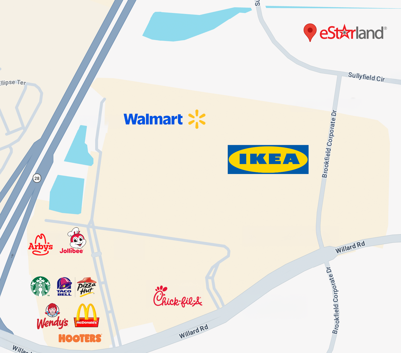 Map of eStarland in relation to IKEA and Walmart