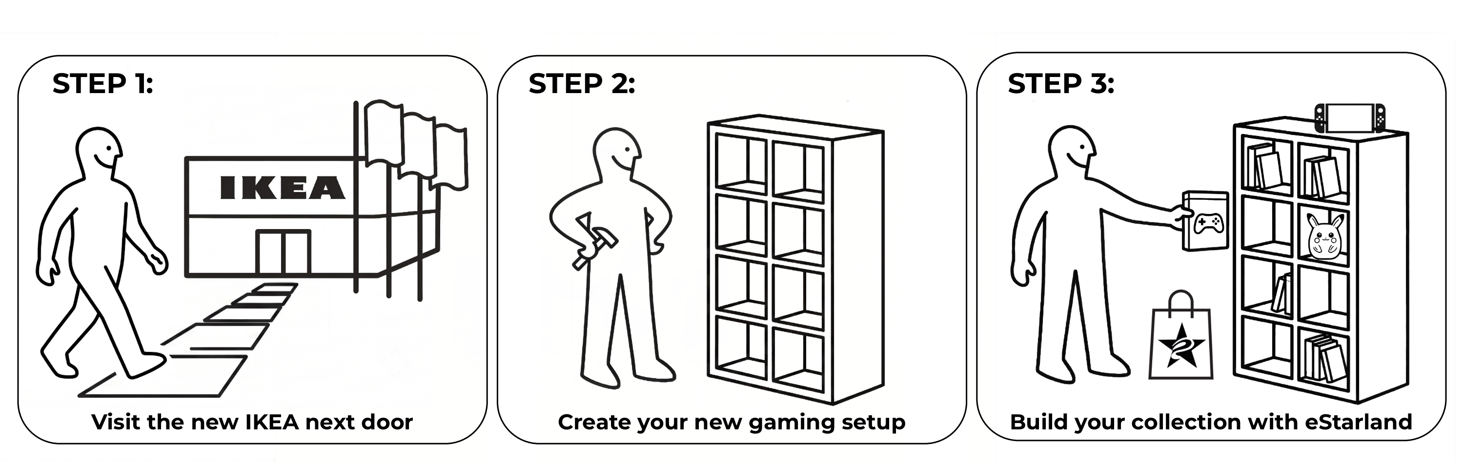 Step 1: Visit the new IKEA next door. Step 2: Create your new gaming setup. Step 3: Build your collection with eStarland.